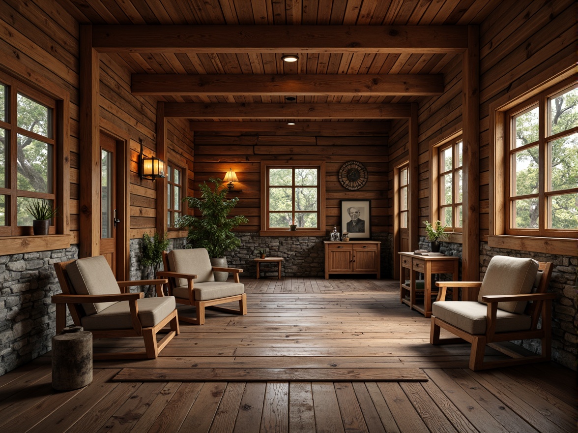 Prompt: Rustic cabin, reclaimed wood planks, distressed textures, earthy tones, natural stone walls, wooden accents, vintage metal decorations, lantern-style lighting, warm cozy atmosphere, soft warm glow, shallow depth of field, 1/1 composition, realistic wood grain, ambient occlusion.