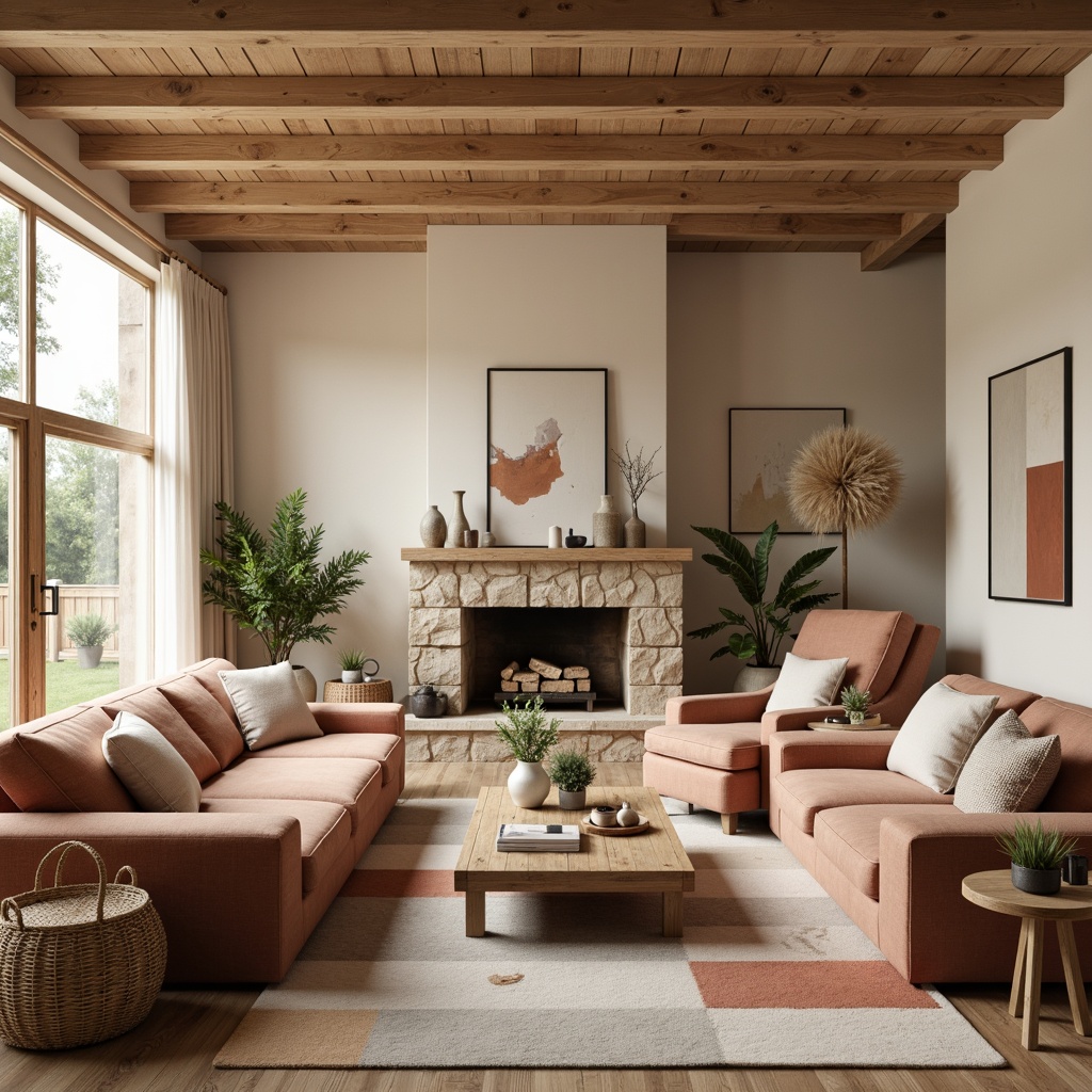 Prompt: Cozy living room, plush sofas, velvet armchairs, wooden coffee tables, woven baskets, soft cushions, pastel color palette, warm beige walls, natural stone fireplace, floor-to-ceiling windows, sheer curtains, ambient lighting, 1/2 composition, shallow depth of field, realistic textures, inviting atmosphere.