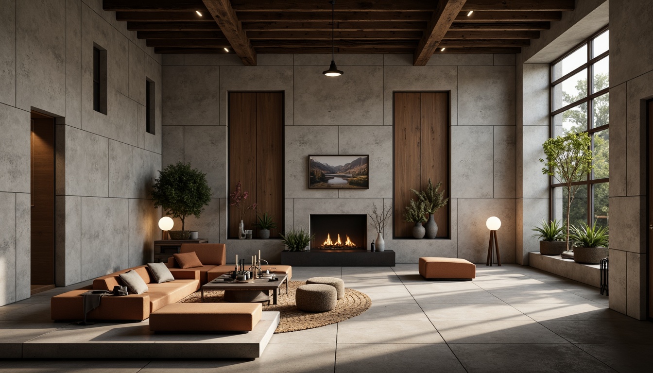 Prompt: Exposed concrete walls, rough textures, industrial-style lighting, raw steel beams, polished metal accents, brutalist architecture, minimalist decor, functional furniture, earthy color palette, natural stone floors, irregular shapes, asymmetrical compositions, moody atmospheric lighting, dramatic shadows, 3/4 composition, cinematic view, realistic materials, ambient occlusion.