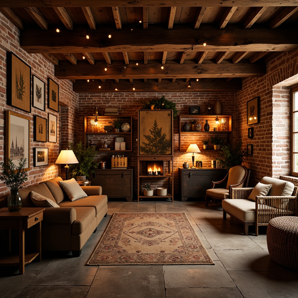 Prompt: Cozy rustic storage room, warm wooden crates, vintage metal trunks, distressed brick walls, earthy tone colors, soft warm lighting, table lamps, pendant lanterns, candles, string lights, wooden beams, rough-hewn stone floors, natural fiber rugs, woven baskets, antique furniture pieces, rich leather textures, warm neutral color palette, intimate atmosphere, shallow depth of field, 1/1 composition, realistic textures, ambient occlusion.