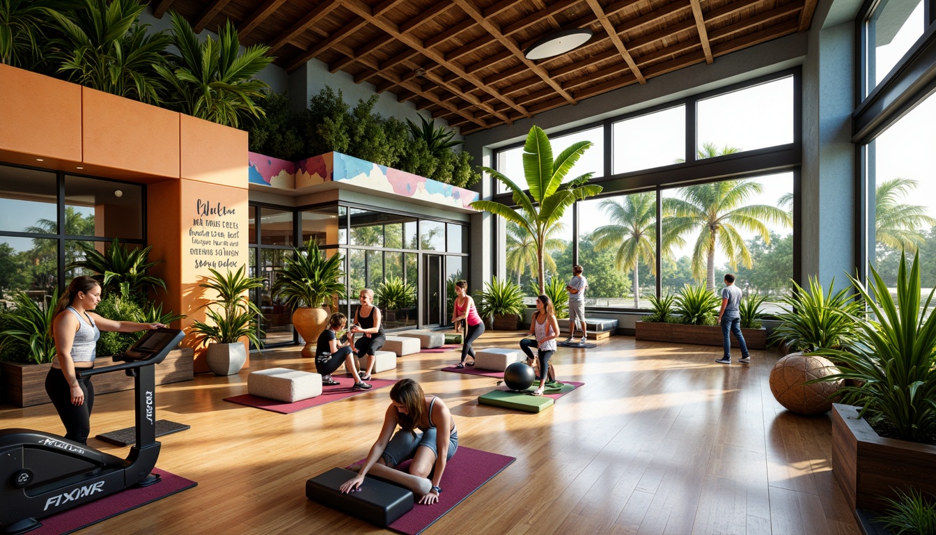 Prompt: Vibrant tropical colors, exotic plants, natural wood flooring, rustic wooden beams, floor-to-ceiling windows, ocean-inspired murals, fitness equipment with neon accents, colorful resistance bands, motivational quotes on walls, refreshing misting system, soft ambient lighting, uplifting reggae music, invigorating scents of citrus and mint, modern minimalist decor, sleek metal trim, energetic group fitness classes, state-of-the-art sound systems, panoramic views of palm trees, warm sunny days.