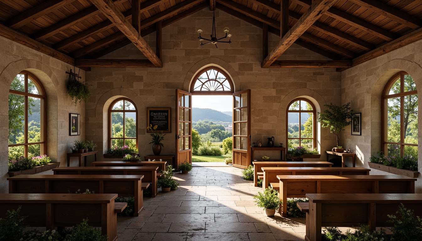 Prompt: Rustic chapel, wooden pews, stone walls, vaulted ceilings, grand entrance doors, stained glass windows, natural light pouring in, serene atmosphere, countryside surroundings, rolling hills, lush greenery, wildflowers, vintage farm tools, distressed wood accents, earthy color palette, warm soft lighting, shallow depth of field, 1/1 composition, panoramic view, realistic textures, ambient occlusion.