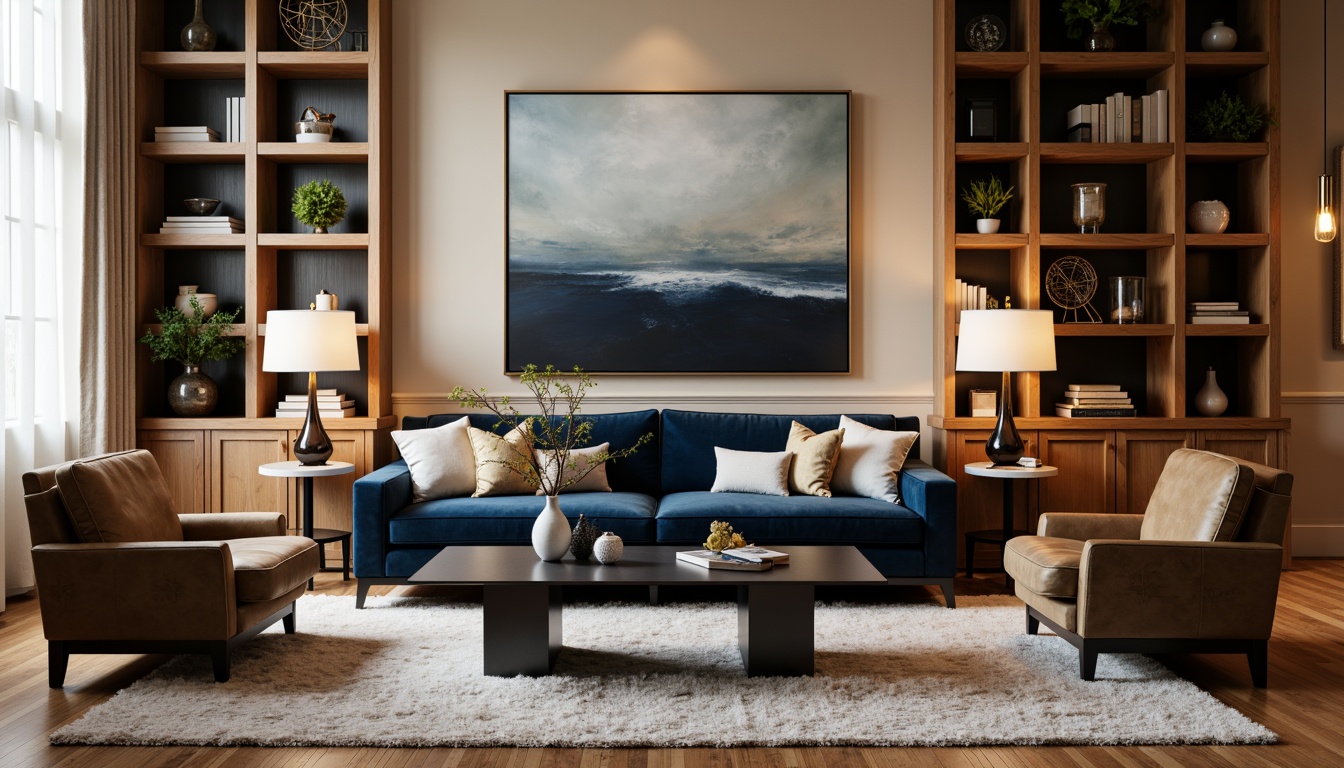 Prompt: Luxurious velvet sofa, sleek metal coffee table, minimalist wooden side tables, plush area rugs, statement light fixtures, elegant marble vases, ornate gold picture frames, rich leather armchairs, sophisticated glass bookshelves, modern abstract artwork, natural fiber upholstery, soft warm lighting, shallow depth of field, 3/4 composition, realistic textures, ambient occlusion.