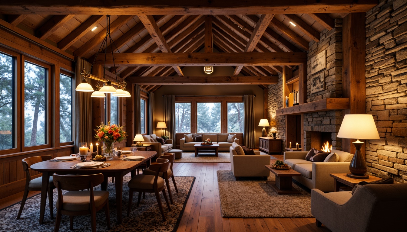 Prompt: Rustic mountain lodge, wooden beams, natural stone walls, earthy color palette, warm ambient lighting, pendant lanterns, candlelit tables, softbox diffusers, floor lamps with linen shades, cozy fireplaces, crackling wood fires, dimmable LED strips, warm white tones, rustic metal fixtures, vintage-inspired chandeliers, layered lighting, warm glow, inviting atmosphere, autumnal colors, natural materials, organic textures.