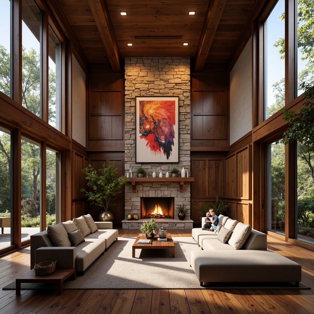 Prompt: Luxurious living room, rich wood paneling, textured stone walls, floor-to-ceiling windows, soft warm lighting, cozy fireplace, plush furniture, vibrant colorful artwork, metallic accents, subtle sheen finishes, elegant moldings, natural material textures, earthy tone color palette, rustic charm ambiance, atmospheric perspective, shallow depth of field, 1/2 composition.