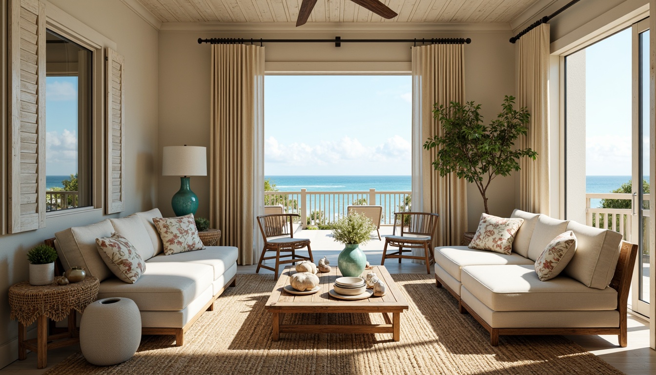 Prompt: Driftwood accents, woven rattan furniture, natural fiber rugs, coral-inspired patterns, turquoise glass vases, distressed wood shutters, nautical rope details, beachy shells, sea-salt air, warm sandy tones, soft ocean breeze, sunny day, shallow depth of field, 1/2 composition, realistic textures, ambient occlusion.