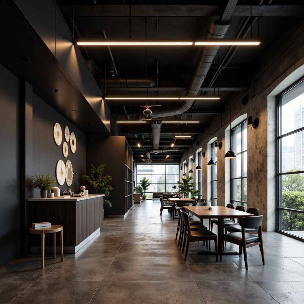 Prompt: Modern interior, sleek lines, minimalist decor, recessed lighting, LED strips, pendant lamps, matte black finishes, frosted glass shades, polished chrome accents, geometric patterns, urban loft atmosphere, industrial chic vibe, exposed ductwork, concrete floors, floor-to-ceiling windows, natural daylight, soft warm glow, atmospheric ambiance, cinematic lighting, 1/1 composition, shallow depth of field, realistic textures.