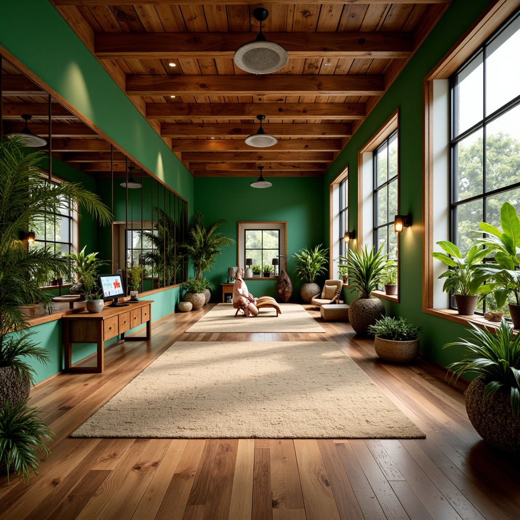 Prompt: Tropical home gym, exotic hardwood flooring, polished wooden accents, natural fiber rugs, vibrant green walls, lush plants, fitness equipment, free weights, exercise machines, mirrored walls, high ceilings, large windows, abundant natural light, soft warm atmosphere, shallow depth of field, 1/1 composition, realistic textures, ambient occlusion.