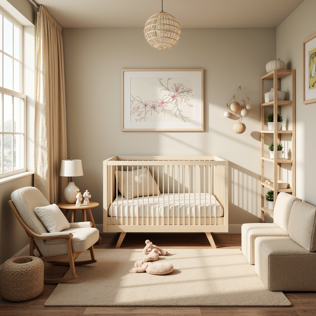 Prompt: Whimsical nursery, soft pastel colors, plush toys, comfortable glider rocker, white wooden crib, delicate mobiles, gentle fabric drapes, warm beige carpet, natural wood furniture, rounded edges, creamy upholstery, subtle patterned bedding, cozy reading nook, floor lamps, warm golden lighting, shallow depth of field, 1/2 composition, intimate atmosphere, realistic textures, ambient occlusion.