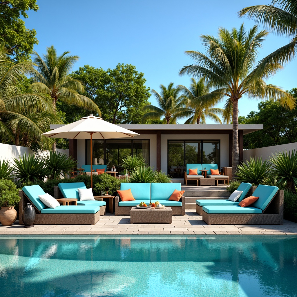 Prompt: Poolside lounge chairs, weather-resistant wicker furniture, turquoise cushions, outdoor sectional sofas, wooden adirondack chairs, colorful throw pillows, pool umbrella, tropical plants, palm trees, sunny day, blue sky, reflection of water, 1/1 composition, shallow depth of field, realistic textures, ambient occlusion.