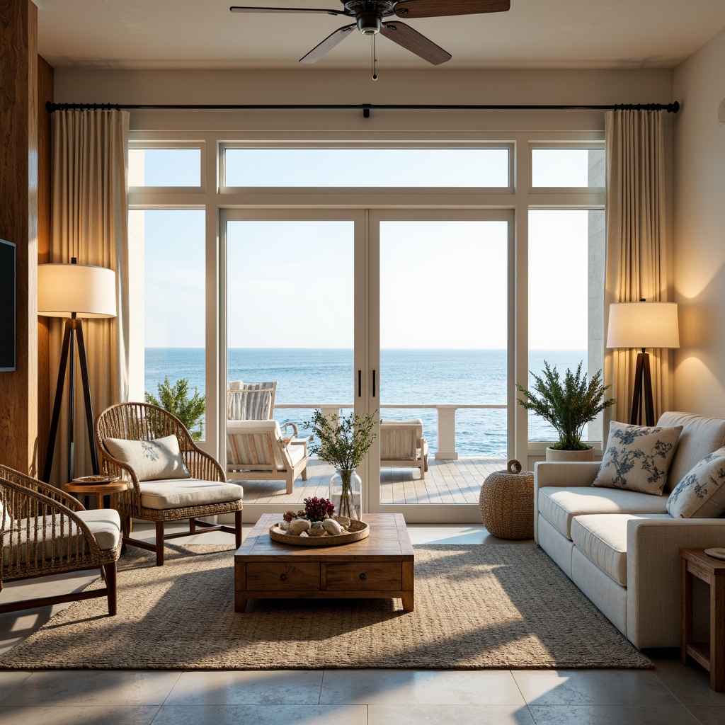 Prompt: Coastal style interior, soft warm glow, natural light, large windows, sliding glass doors, ocean views, beachy vibe, calming atmosphere, creamy whites, blues and sandy neutrals, woven textiles, rattan furniture, distressed wood accents, coral-inspired patterns, shells and pebbles, floor lamps with linen shades, table lamps with nautical details, pendant lights with rope details, warm LED lighting, softbox illumination, 1/1 composition, shallow depth of field, relaxed casual ambiance.