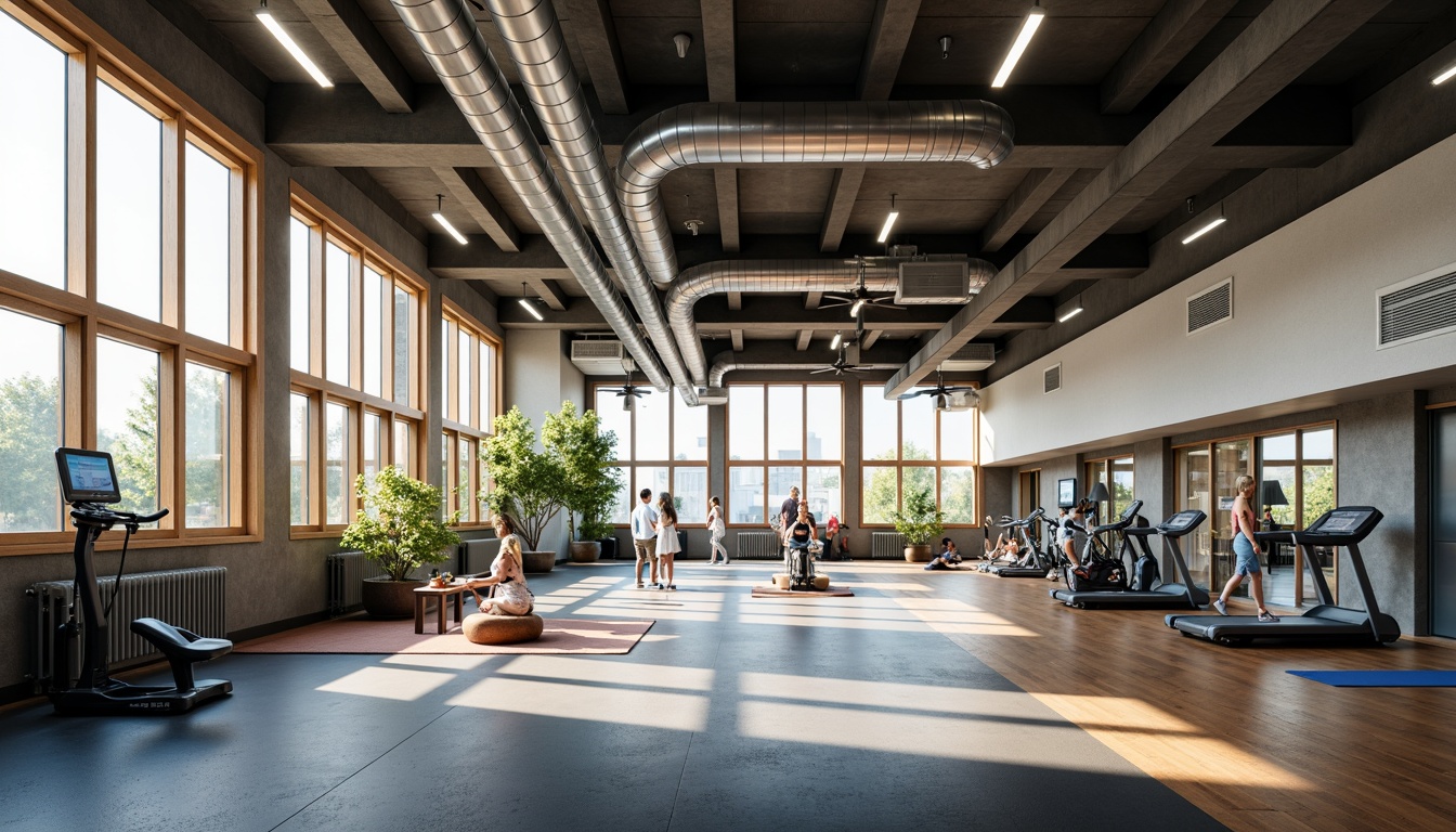 Prompt: Well-lit gym interior, high ceilings, large windows, natural ventilation, air purification systems, industrial metal ducts, ceiling fans, climate control units, athletic flooring, mirrored walls, modern exercise equipment, free weights, treadmills, stationary bikes, yoga mats, calm color scheme, soft warm lighting, shallow depth of field, 1/1 composition, realistic textures, ambient occlusion.