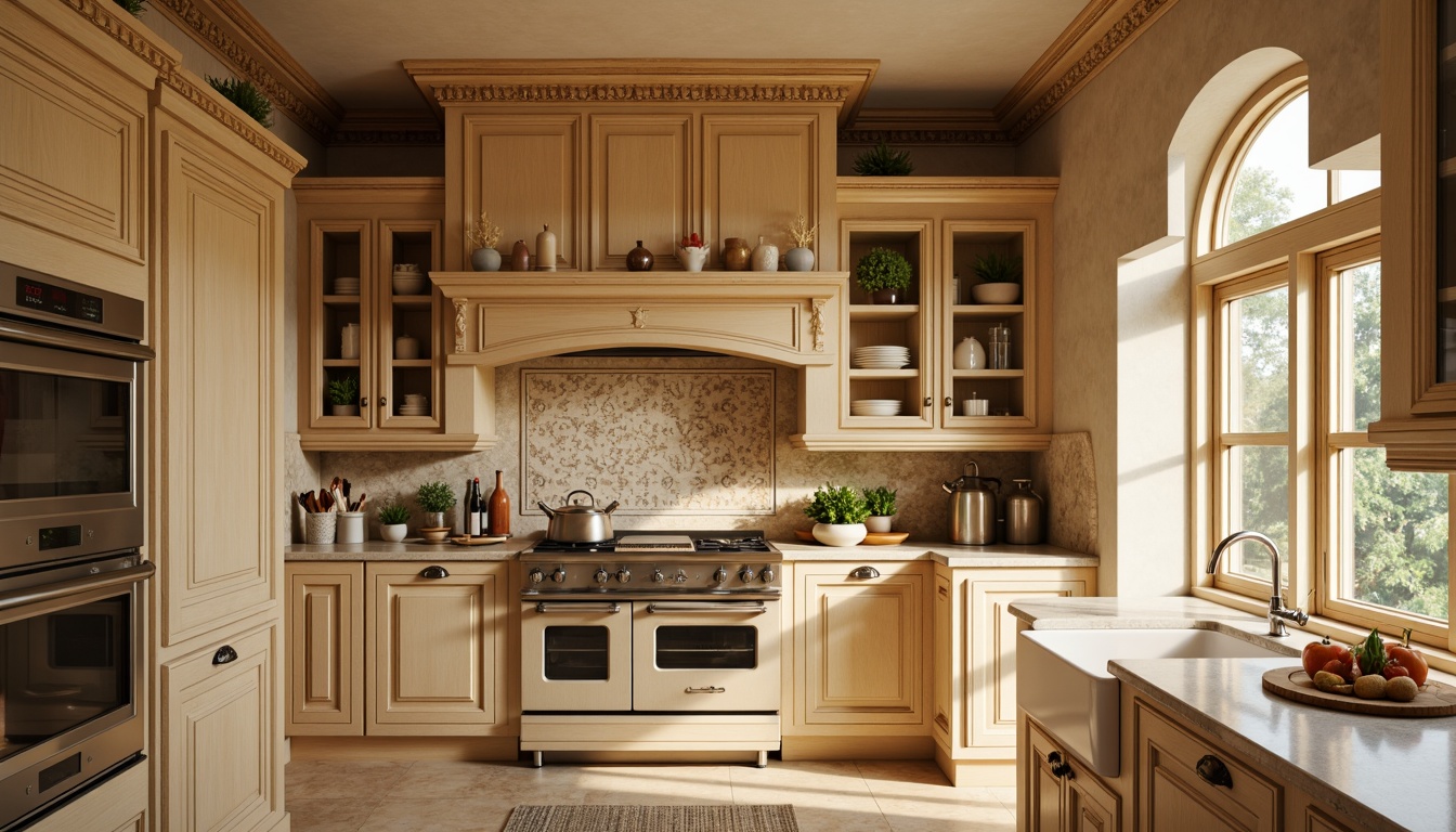 Prompt: Elegant traditional kitchen, warm beige cabinets, rich wood tones, ornate crown molding, soft cream-colored countertops, decorative ceramic tiles, subtle natural stone accents, classic white sink, polished chrome faucets, ambient soft lighting, 1/1 composition, shallow depth of field, realistic textures, warm afternoon sunbeams.