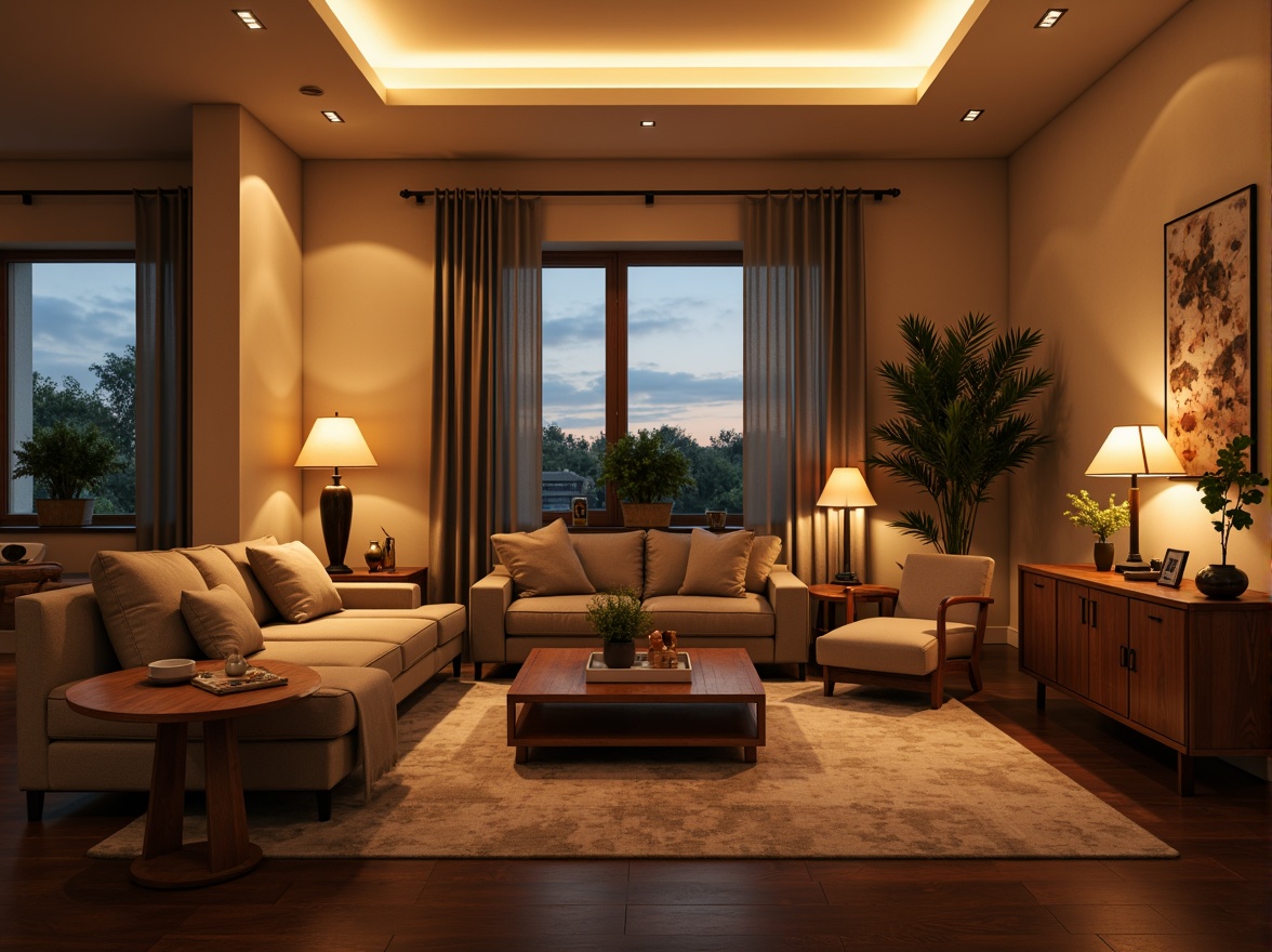 Prompt: Cozy living room, warm ambient lighting, soft glow ceiling fixtures, table lamps, floor lamps, warm beige walls, comfortable sofas, wooden coffee tables, plants, natural textiles, earthy color palette, softbox lights, indirect lighting, 1/1 composition, shallow depth of field, realistic textures, ambient occlusion.