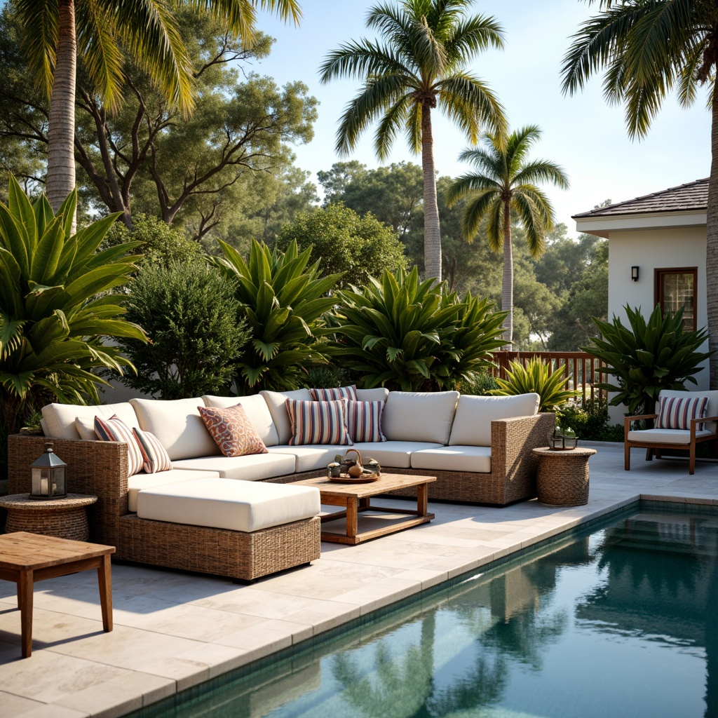 Prompt: Poolside lounge area, comfortable outdoor sofas, weather-resistant wicker armchairs, colorful striped cushions, wooden coffee tables, rustic metal lanterns, tropical palm trees, lush greenery, bright sunny day, soft warm lighting, shallow depth of field, 3/4 composition, panoramic view, realistic textures, ambient occlusion.