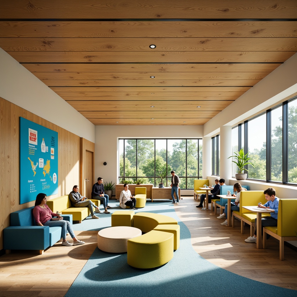 Prompt: Vibrant learning space, warm beige walls, rich wood accents, calming blue-green hues, natural light pouring in, comfortable seating areas, collaborative workstations, interactive whiteboards, colorful educational graphics, stimulating yellow highlights, soothing greenery, minimalist modern furniture, rounded edges, soft box lighting, 1/1 composition, shallow depth of field, realistic textures.