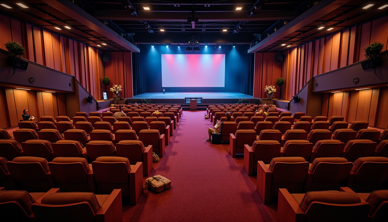 Prompt: Cozy auditorium, tiered seating, plush cushions, rich wood accents, vibrant stage lighting, intimate atmosphere, curved rows, optimal viewing angles, comfortable legroom, ergonomic chair design, subtle color palette, luxurious fabrics, sophisticated sound system, immersive audio experience, dramatic spotlights, 3/4 composition, shallow depth of field, panoramic view.