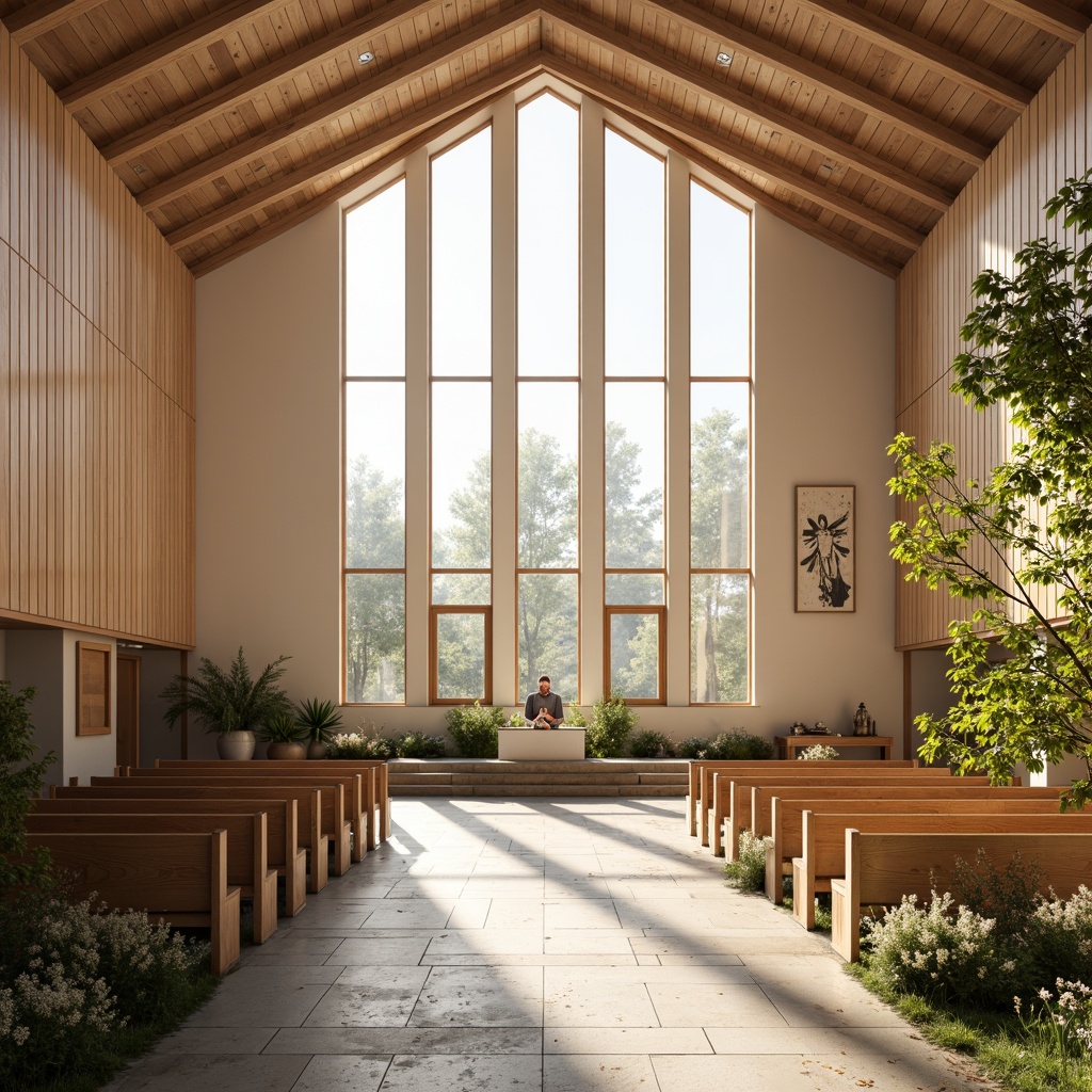 Prompt: Light-filled worship hall, minimalistic Nordic architecture, wooden accents, natural stone flooring, elegant simplicity, vaulted ceilings, large windows, stained glass, Nordic cross symbols, candlelit ambiance, warm beige tones, soft diffused lighting, shallow depth of field, 1/1 composition, realistic textures, ambient occlusion, peaceful atmosphere, serene surroundings, lush greenery, blooming flowers, sunny day.