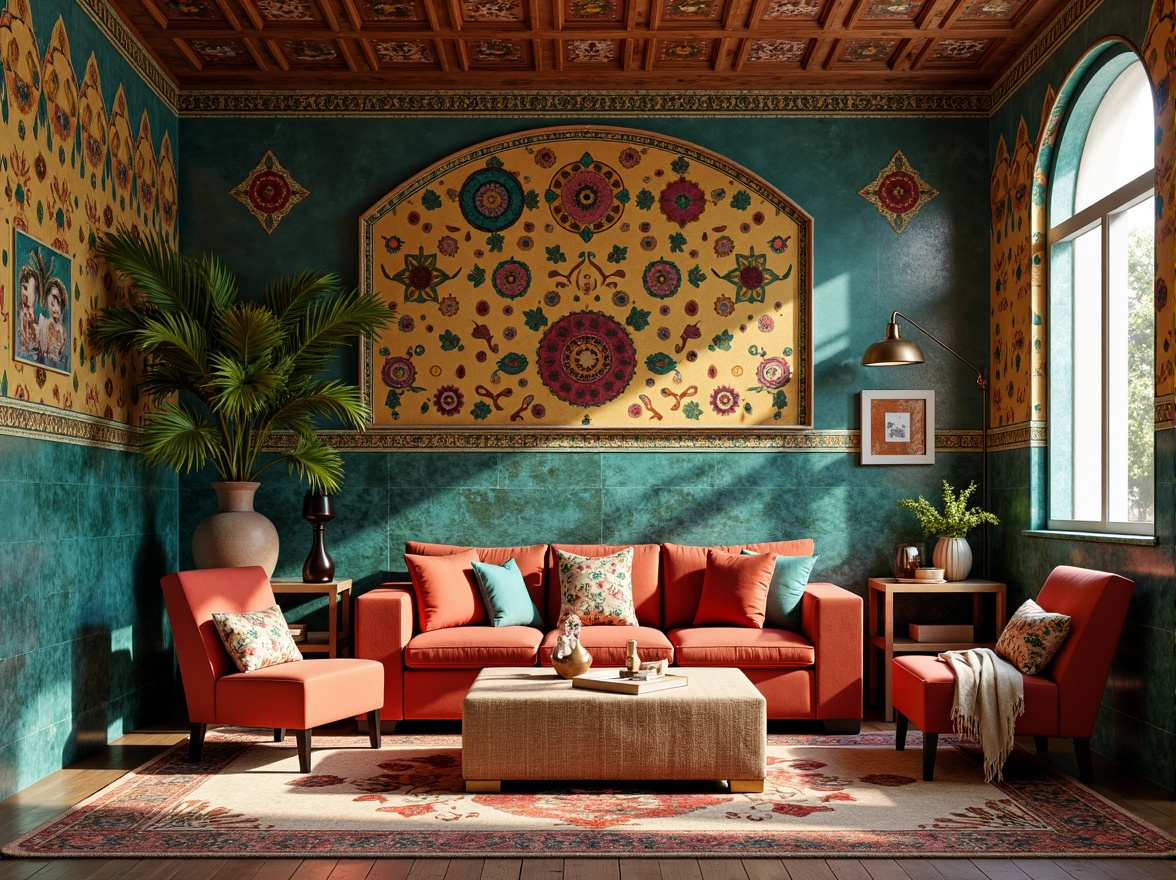 Prompt: Vibrant bohemian interior, eclectic furniture, rich velvet textures, Moroccan-inspired tiles, bold statement walls, warm earthy tones, deep blues, emerald greens, sunny yellows, soft pastel hues, luxurious golden accents, metallic sheen, ambient natural lighting, 1/2 composition, shallow depth of field, realistic fabric rendering.