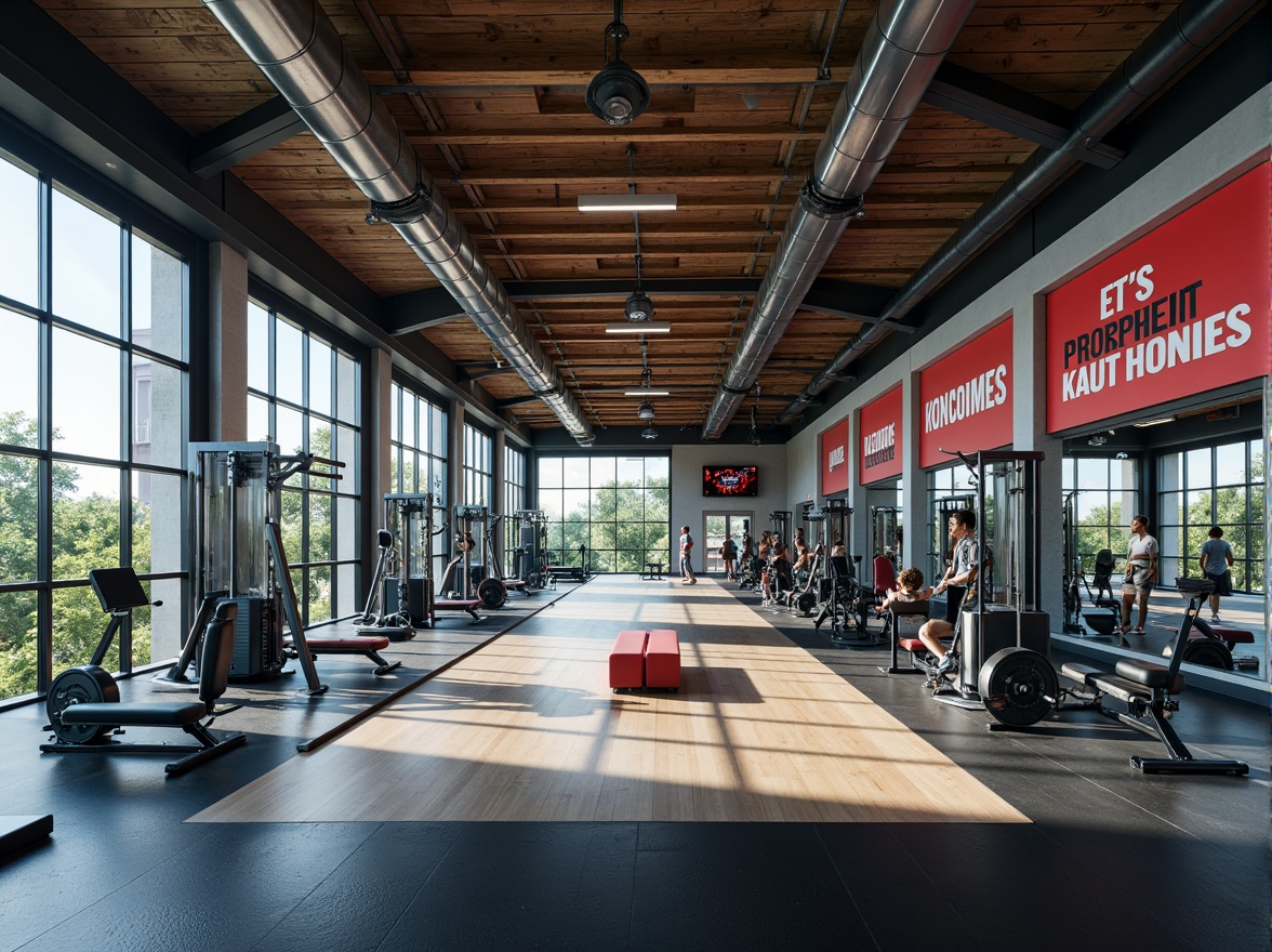 Prompt: Modern gym interior, high ceilings, large windows, natural light, air conditioning vents, exhaust fans, ventilation systems, fresh air circulation, odor elimination, dehumidification, comfortable temperature, indirect lighting, suspended acoustic panels, sound absorption, echo reduction, rubber flooring, mirrored walls, steel equipment frames, workout machines, free weights, exercise mats, motivational quotes, vibrant color schemes, energetic atmosphere, shallow depth of field, 1/2 composition, softbox lighting, realistic textures.