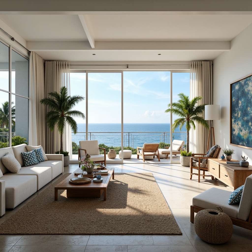 Prompt: Spacious open plan living area, coastal style decor, driftwood furniture, natural fiber rugs, ocean-inspired color palette, calming blue hues, crisp white accents, nautical rope details, potted palm trees, floor-to-ceiling windows, sliding glass doors, stunning ocean views, sunny day, soft warm lighting, shallow depth of field, 3/4 composition, panoramic view, realistic textures, ambient occlusion.