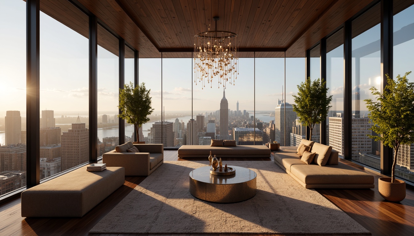 Prompt: Luxurious penthouse, sleek modern architecture, floor-to-ceiling windows, breathtaking cityscape views, lavish interior decor, rich wood flooring, plush area rugs, soft velvet upholstery, metallic accents, crystal chandeliers, ambient lighting, 1/1 composition, shallow depth of field, warm golden hour, realistic textures, subtle noise reduction.