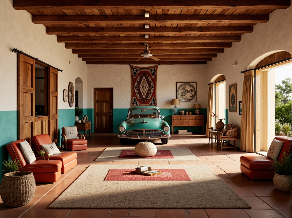 Prompt: \Southwestern family garage, warm earthy tones, vibrant turquoise accents, woven Native American-inspired textiles, rustic wooden doors, stucco walls, terracotta flooring, vintage cars, nostalgic memorabilia, cozy reading nooks, soft warm lighting, shallow depth of field, 1/2 composition, realistic textures, ambient occlusion.\