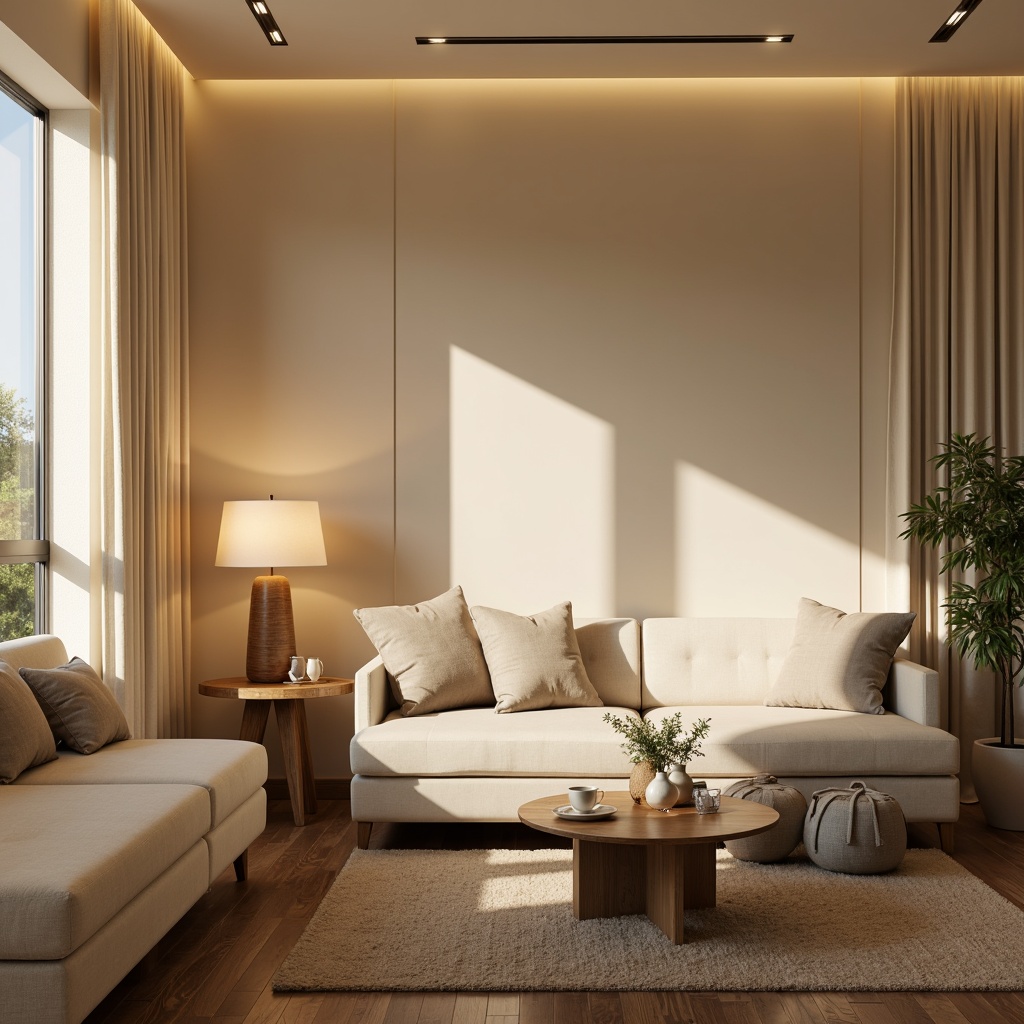 Prompt: Cozy living room, warm beige walls, soft cream-colored furniture, table lamps, floor lamps, LED strip lights, warm white lighting, ambient glow, layered lighting, task lighting, accent lighting, natural daylight, sheer curtains, wooden flooring, minimalist decor, modern sleek lines, comfortable seating, plush throw pillows, subtle textures, relaxing atmosphere, afternoon sunbeams, gentle shadows, 1/1 composition, soft focus, realistic materials.