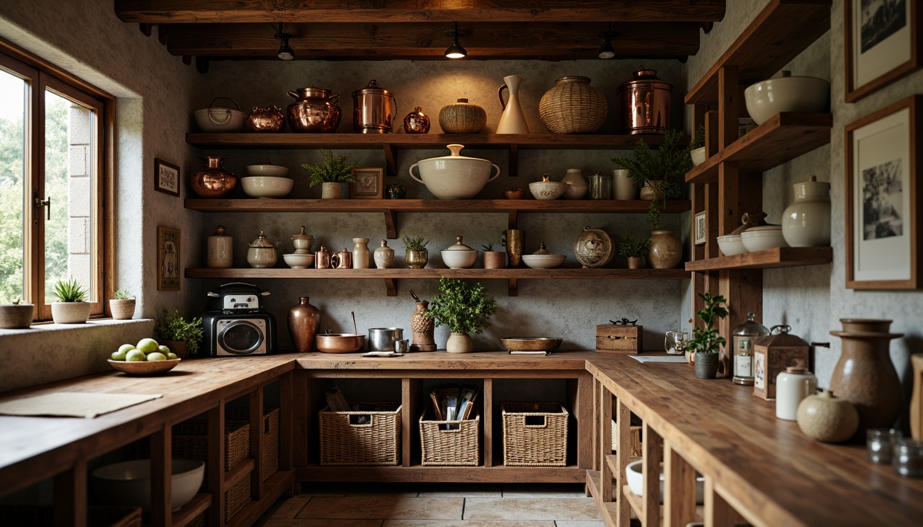 Prompt: Rustic pantry, vintage charm, distressed wood shelves, woven baskets, ceramic jars, copper accents, earthy tones, soft warm lighting, shallow depth of field, 1/1 composition, realistic textures, ambient occlusion, open shelving, wooden countertops, decorative metal straps, natural stone flooring, farmhouse-inspired decor, traditional kitchen utensils, ornate metal lanterns, cozy intimate atmosphere.