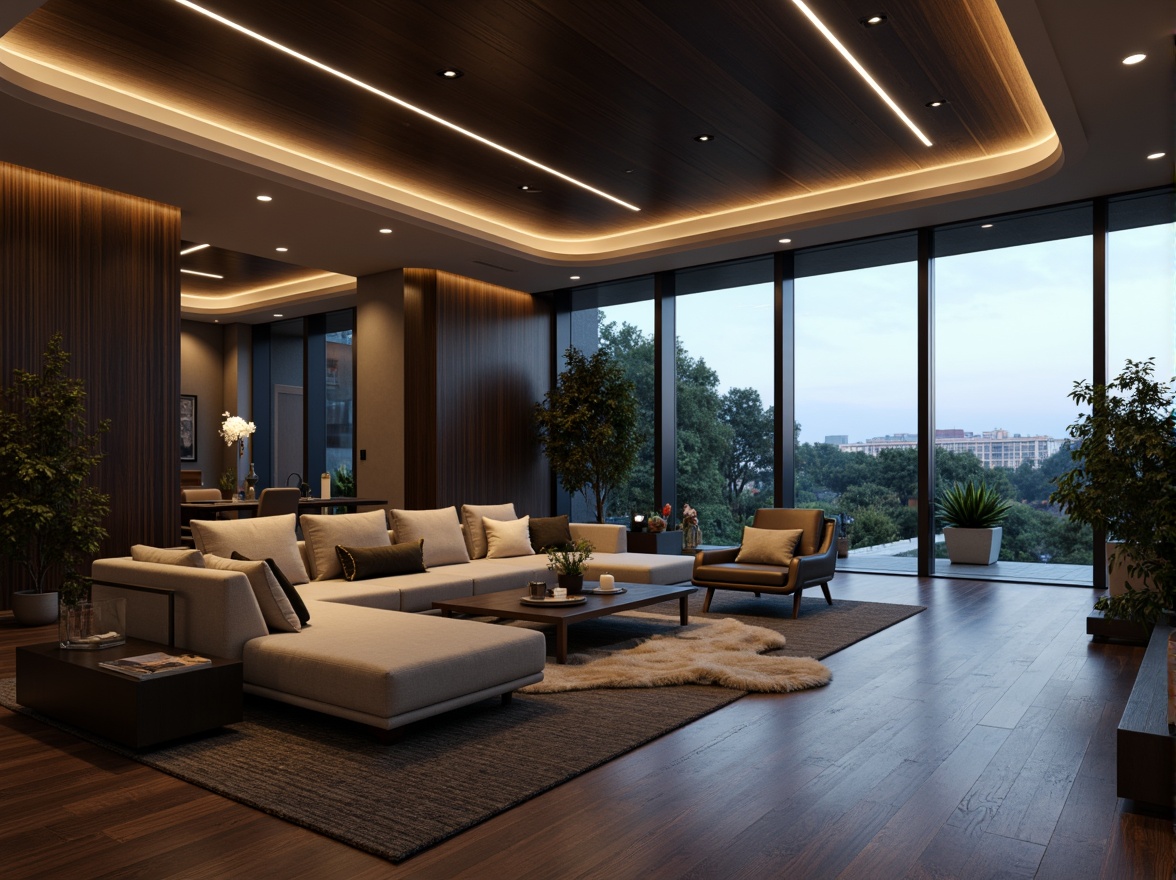 Prompt: Modern living room, sleek lines, minimalist decor, floor-to-ceiling windows, natural daylight, soft warm glow, LED strip lights, recessed lighting, geometric-shaped fixtures, matte black finishes, chrome accents, ambient illumination, 1/1 composition, shallow depth of field, realistic textures, atmospheric mood.