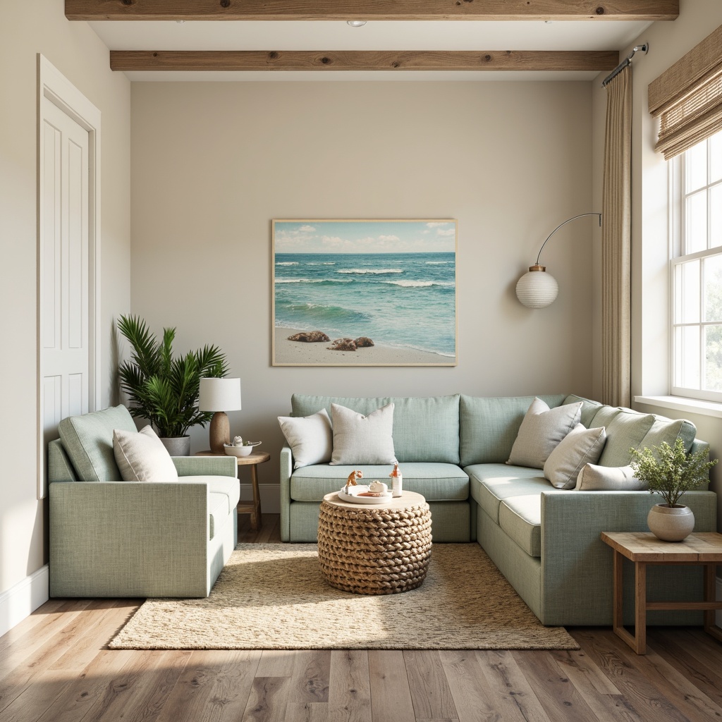 Prompt: Soft sandy beige walls, driftwood grey accents, calming seafoam green furniture, crisp white trim, natural woven textiles, jute rugs, distressed wood floors, ocean-inspired artwork, shell decorative accessories, nautical rope details, beachy vibes, warm sunny lighting, shallow depth of field, 1/1 composition, realistic textures, ambient occlusion.