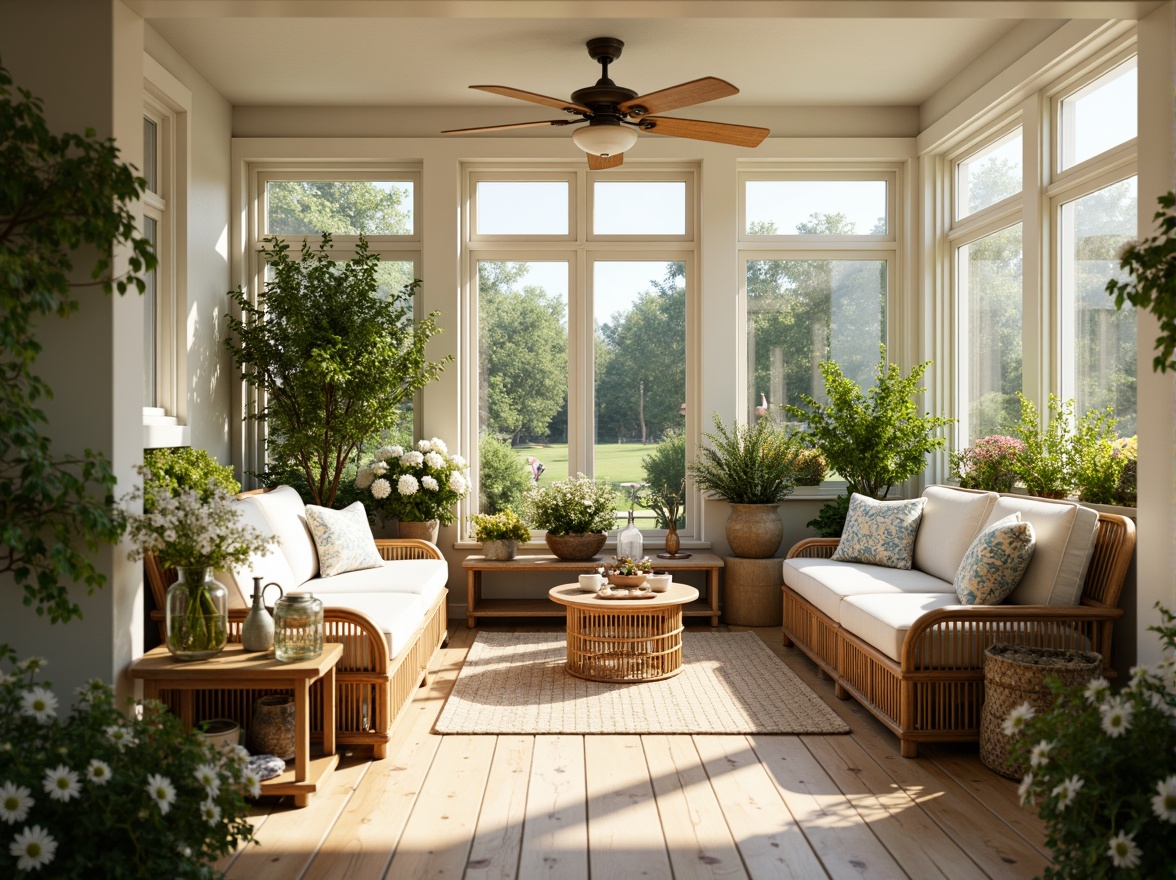 Prompt: Vibrant sunroom, natural light pouring in, warm earthy tones, creamy whites, soft blues, calming greens, wooden accents, rattan furniture, lush greenery, blooming flowers, sunny day, gentle warm lighting, shallow depth of field, 3/4 composition, realistic textures, ambient occlusion.