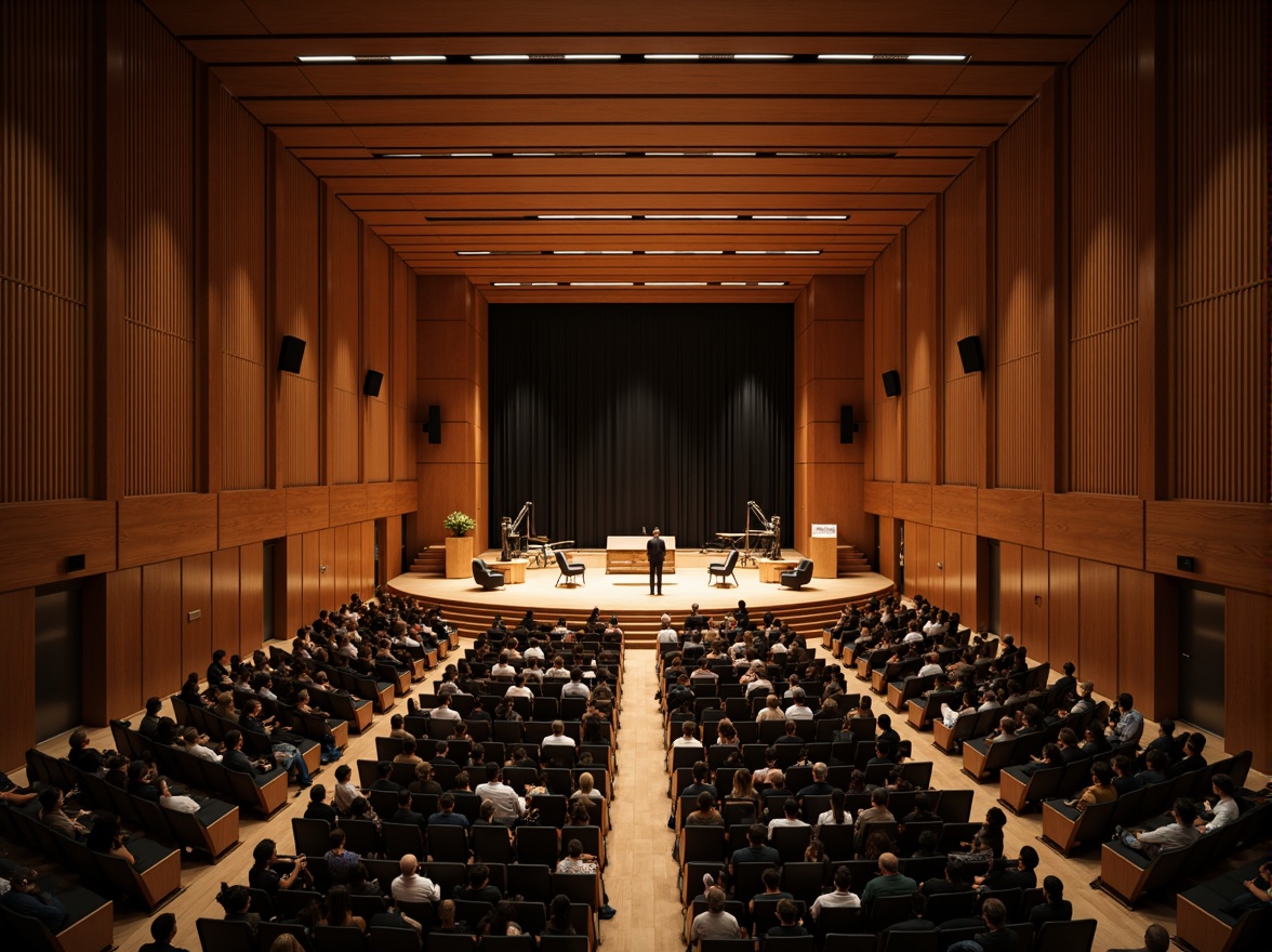 Prompt: Intimate concert hall, wooden paneling, sound-absorbing materials, optimal seating arrangement, advanced loudspeaker systems, precise acoustic simulations, reverberation control, minimal echo, clear audio clarity, warm ambiance, subtle lighting design, audience proximity, 3/4 composition, shallow depth of field, realistic textures.