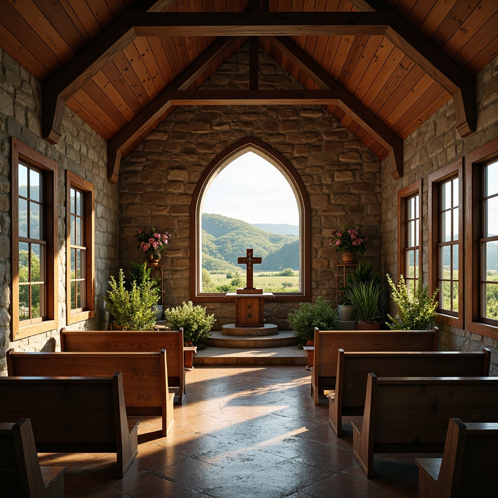 Prompt: Rustic chapel, wooden accents, natural stone walls, vaulted ceilings, stained glass windows, soft warm lighting, cozy atmosphere, rural landscape, rolling hills, green pastures, wildflowers, wooden pews, traditional altarpiece, vintage religious artifacts, distressed wood textures, earthy color palette, serene ambiance, shallow depth of field, 1/2 composition, panoramic view, realistic vegetation, ambient occlusion.