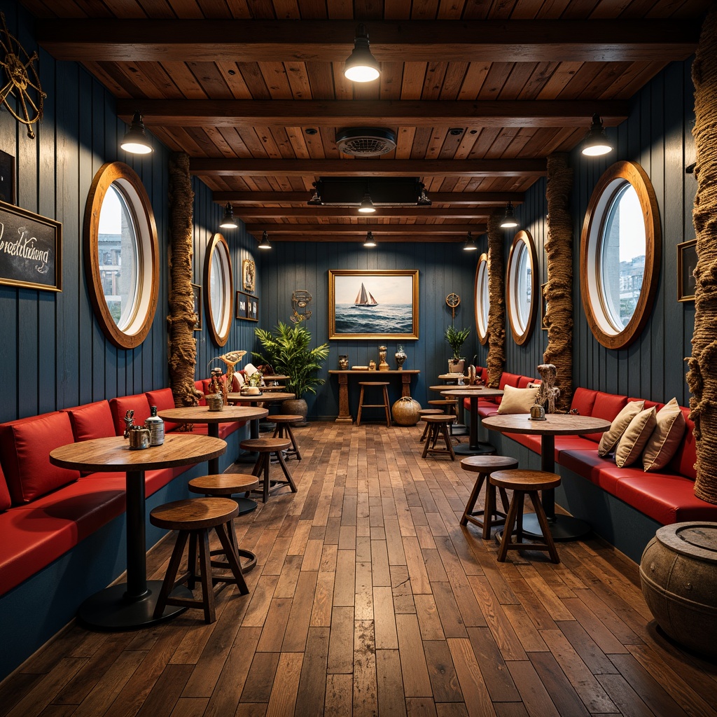 Prompt: Nautical-themed basement, rustic wooden accents, navy blue and red color scheme, vintage navigational instruments, distressed metal decorations, industrial-style lighting fixtures, reclaimed wood flooring, cozy reading nooks, porthole windows, ocean-inspired artwork, antique anchors, fishing nets, rope-wrapped columns, warm golden lighting, shallow depth of field, 1/2 composition, atmospheric fog effect, realistic textures.