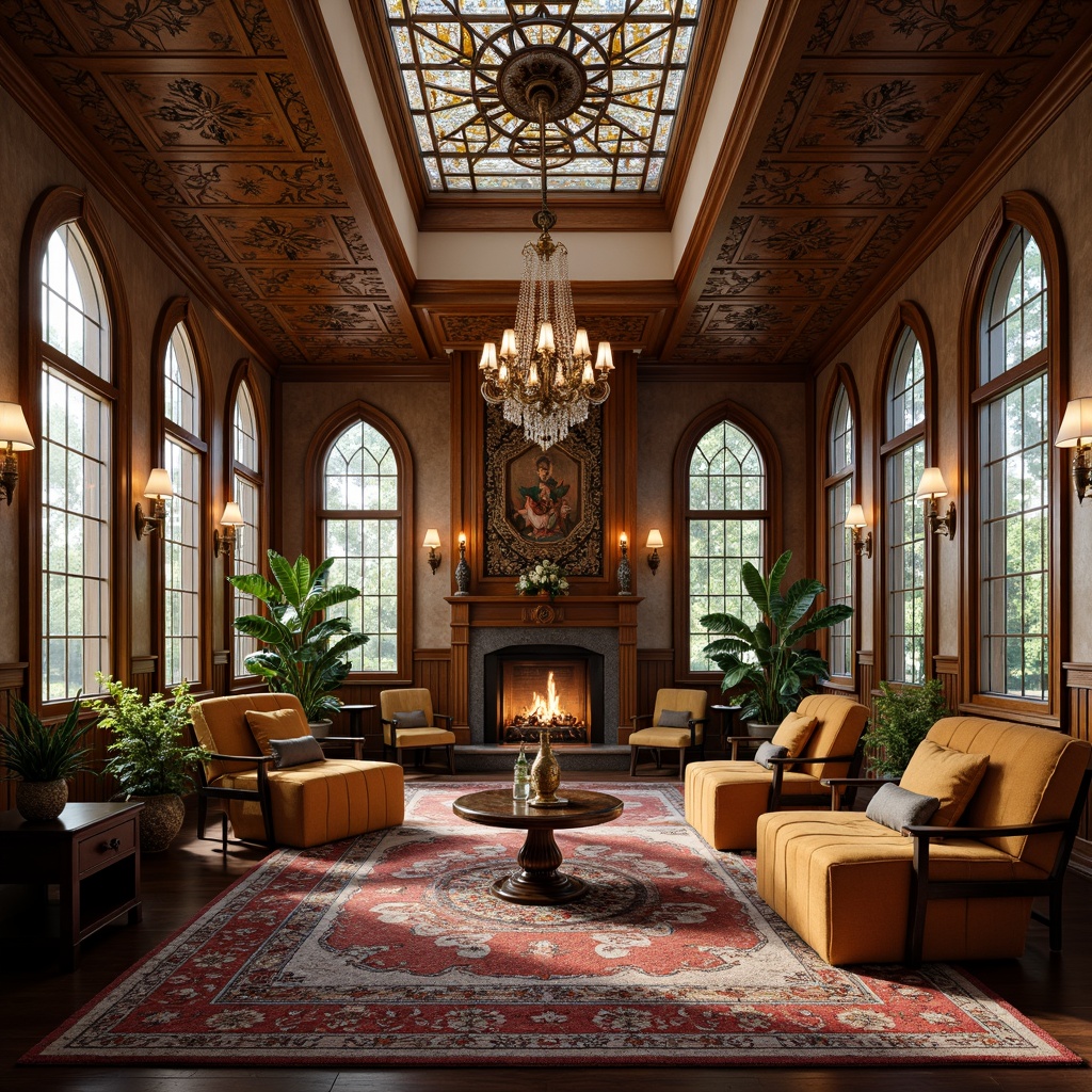 Prompt: Luxurious Art Nouveau interior, ornate furnishings, flowing organic lines, sinuous curves, intricate wood carvings, metallic accents, stained glass windows, grand chandeliers, velvet upholstery, patterned rugs, floral motifs, natural materials, earthy tones, soft warm lighting, shallow depth of field, 1/2 composition, realistic textures, ambient occlusion.