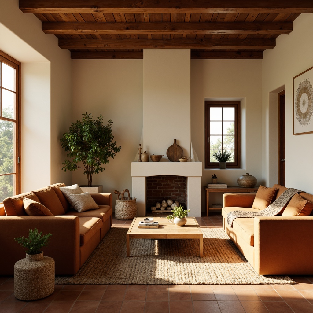 Prompt: \Cozy living room, warm beige walls, rich walnut wood accents, plush velvet sofas, soft golden lighting, earthy terracotta flooring, natural woven textiles, organic shapes, calming color scheme, soothing atmosphere, 1/1 composition, shallow depth of field, realistic renderings, ambient occlusion.\