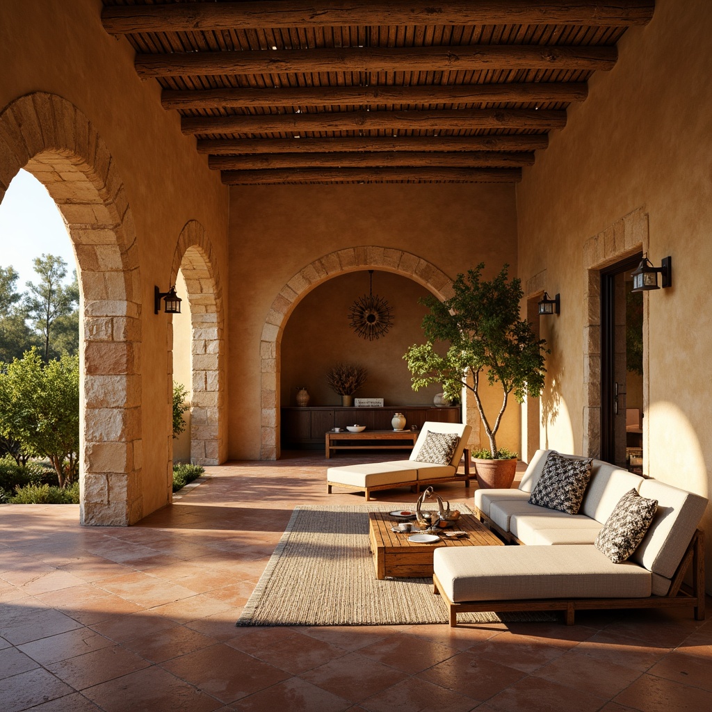 Prompt: Warm Mediterranean villa, rustic stone walls, curved archways, ornate tile work, earthy color palette, ceramic flooring, handmade terracotta tiles, distressed wooden accents, natural fiber rugs, woven textiles, soft warm lighting, shallow depth of field, 1/1 composition, intimate atmosphere, cozy seating areas.