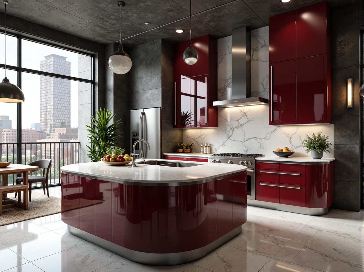 Prompt: Luxurious kitchen, contemporary style, sophisticated countertops, marble surfaces, burgundy accents, high-gloss finish, sleek cabinetry, chrome hardware, pendant lighting, open-plan layout, large windows, natural daylight, urban chic atmosphere, 1/1 composition, shallow depth of field, softbox lighting, realistic reflections, ambient occlusion.