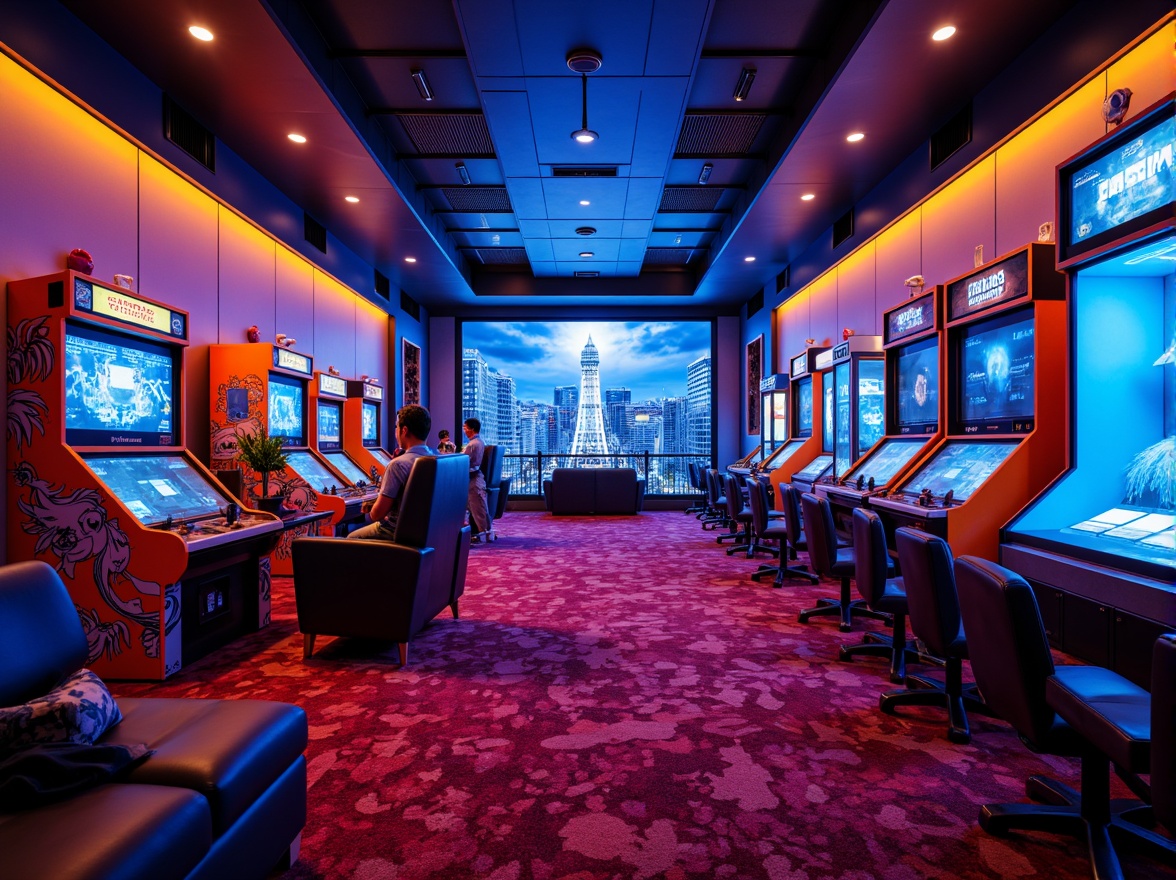 Prompt: Vibrant game room, neon-lit ambiance, bold color scheme, electric blue accents, fiery red tones, bright yellow highlights, sleek black furniture, glossy white surfaces, metallic silver details, retro arcade machines, futuristic gaming consoles, cozy plush carpets, dynamic LED lighting, immersive audio systems, cinematic screen displays, panoramic cityscape views, high-energy atmosphere, 1/1 composition, shallow depth of field, realistic textures.