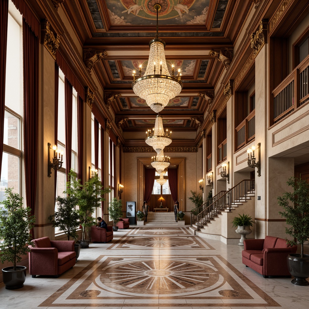 Prompt: Elegant neoclassical building, ornate columns, intricately carved stone facades, polished marble floors, richly stained wood paneling, gilded moldings, ornamental plasterwork, crystal chandeliers, luxurious velvet drapes, antique bronze hardware, decorative frescoes, high ceilings, grand staircases, soft warm lighting, shallow depth of field, 1/1 composition, realistic textures, ambient occlusion.