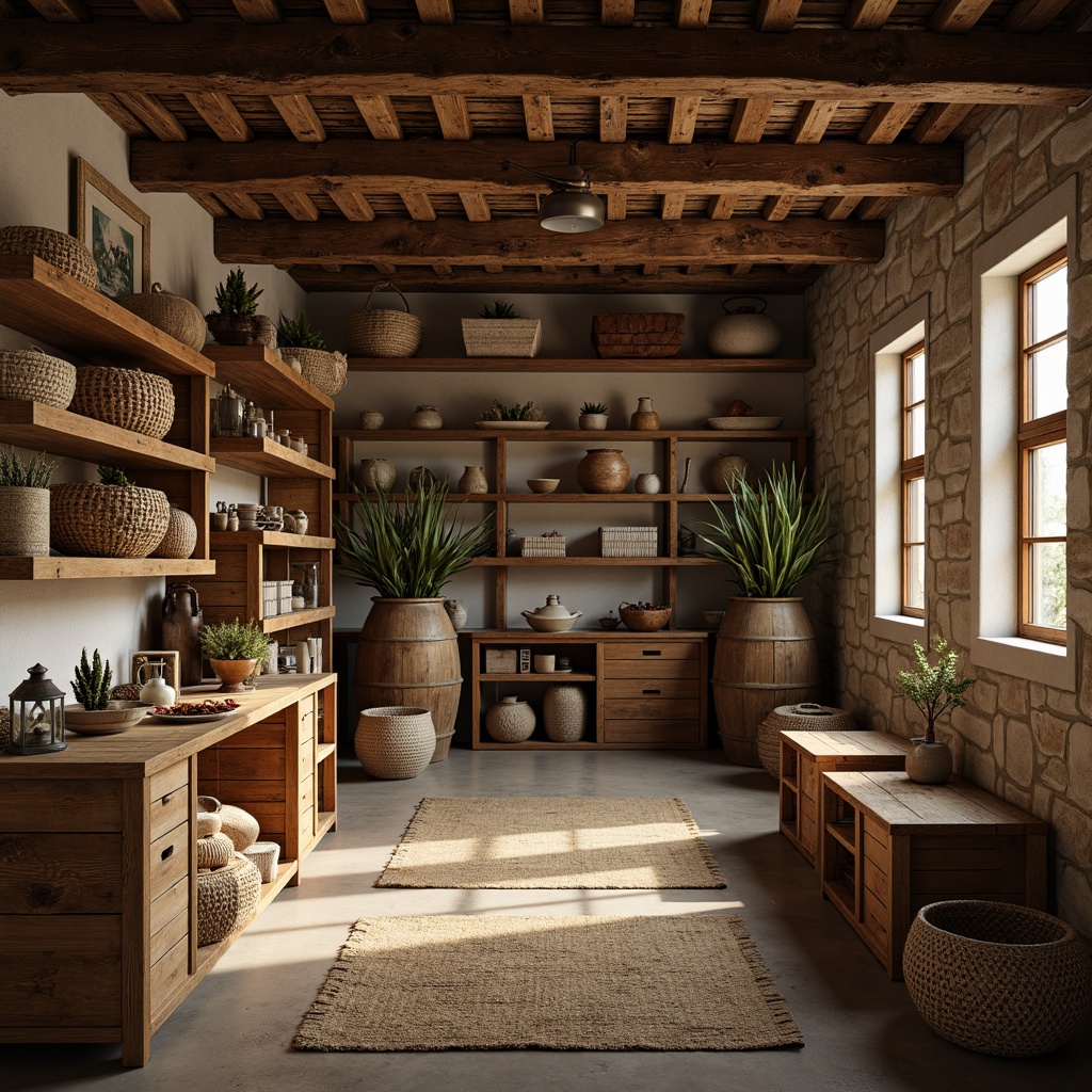 Prompt: Rustic storage room, wooden crates, distressed finishes, earthy tones, woven baskets, jute rugs, natural linen fabrics, burlap textures, vintage metal lanterns, reclaimed wood accents, stone walls, exposed beams, warm ambient lighting, cozy atmosphere, soft shadows, 1/1 composition, realistic render, subtle color grading.