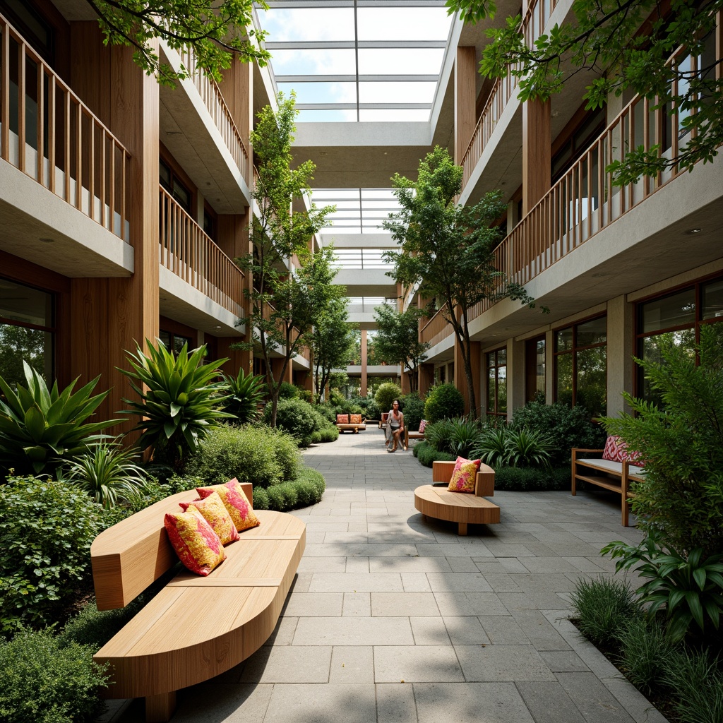 Prompt: Lush greenery, natural stone floors, wooden accents, modern minimalist benches, floor-to-ceiling windows, glass roofs, tropical plants, living walls, water features, misting systems, vibrant colorful textiles, intricate geometric patterns, warm soft lighting, shallow depth of field, 3/4 composition, panoramic view, realistic textures, ambient occlusion.