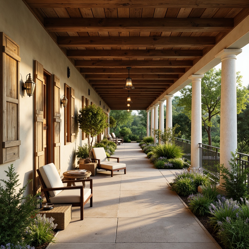 Prompt: Rustic French country estate, soft warm beige walls, distressed wood accents, vintage metal lanterns, lush greenery, overflowing flower boxes, natural stone pathways, creamy white trim, elegant ornate furnishings, rich velvet drapes, warm golden lighting, shallow depth of field, 1/1 composition, realistic textures, ambient occlusion.