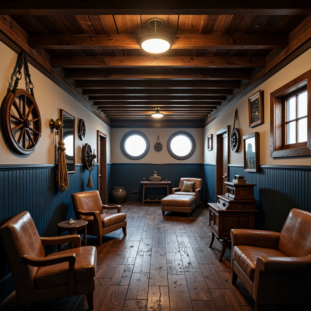 Prompt: Cozy basement, nautical theme, wooden accents, ropes and anchors, porthole windows, navy blue walls, rustic wood flooring, vintage navigational instruments, distressed leather furniture, soft warm lighting, atmospheric mist, 1/1 composition, shallow depth of field, realistic textures, ambient occlusion.