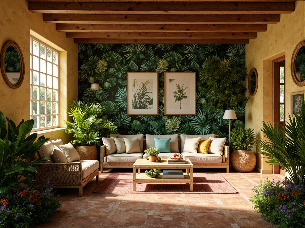 Prompt: Vibrant tropical interior, lush greenery, exotic floral patterns, warm beige walls, rich wood accents, turquoise ocean-inspired hues, coral reef-colored furniture, sunny yellow lighting, natural textiles, woven rattan details, tropical leaf-shaped decor, earthy terracotta floors, distressed wood ceilings, soft misty atmosphere, 1/1 composition, intimate close-up shots, realistic material textures, subtle ambient occlusion.