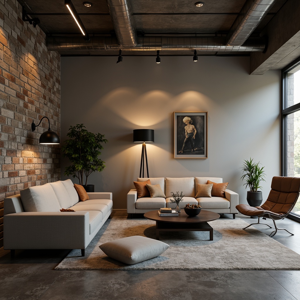 Prompt: Modern living room, sleek lines, minimalist decor, recessed lighting, LED strips, floor lamps, chrome finishes, matte black shades, ambient glow, warm white light, 3/4 composition, shallow depth of field, soft focus, natural textures, industrial chic, exposed ductwork, polished concrete floors, geometric patterns, abstract artwork.