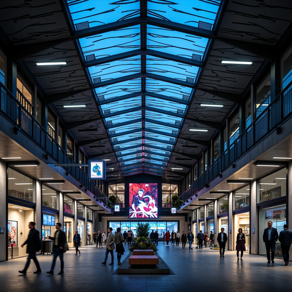 Prompt: Modern bus station, sleek glass roofs, steel framework, industrial chic architecture, urban cityscape, bustling crowd, vibrant LED lights, colorful neon signs, dynamic spotlights, futuristic ambiance, high-ceilinged interior, polished concrete floors, stainless steel handrails, minimalist benches, real-time electronic displays, digital signage, soft warm glow, 1/2 composition, shallow depth of field, cinematic lighting.