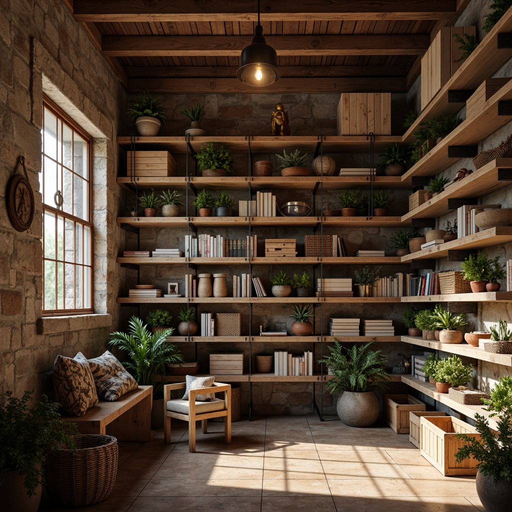 Prompt: Rustic storage room, reclaimed wooden shelves, distressed metal brackets, vintage industrial lighting, earthy color palette, natural stone walls, wooden crates, woven baskets, potted plants, rough-hewn wooden beams, exposed brickwork, cozy reading nooks, soft warm glow, shallow depth of field, 1/1 composition, realistic textures, ambient occlusion.