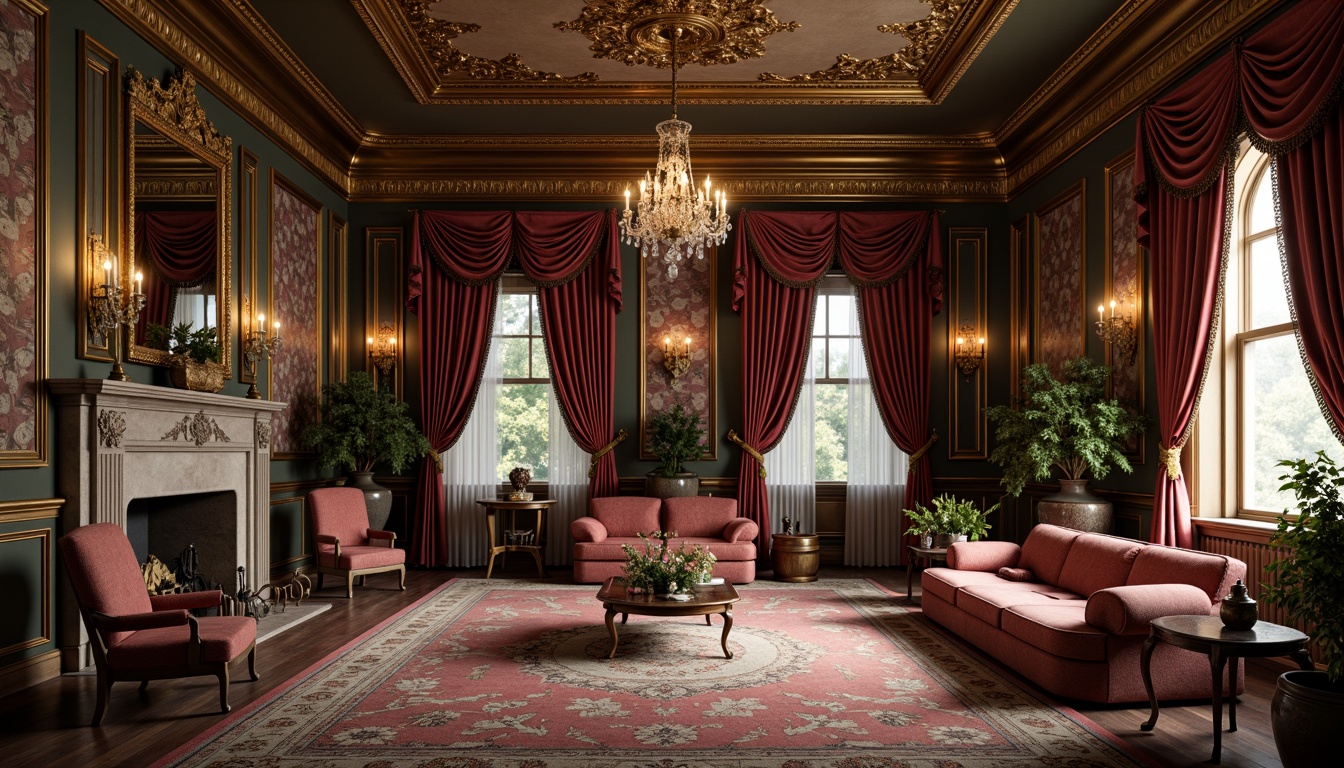 Prompt: Ornate Victorian-era mansion, richly patterned wallpaper, intricate molding details, luxurious velvet drapes, golden picture rails, ornamental ceiling medallions, crystal chandeliers, opulent floor-to-ceiling curtains, distressed wood paneling, vintage furniture upholstery, lavish floral arrangements, soft warm candlelight, shallow depth of field, 1/1 composition, realistic textures, ambient occlusion.